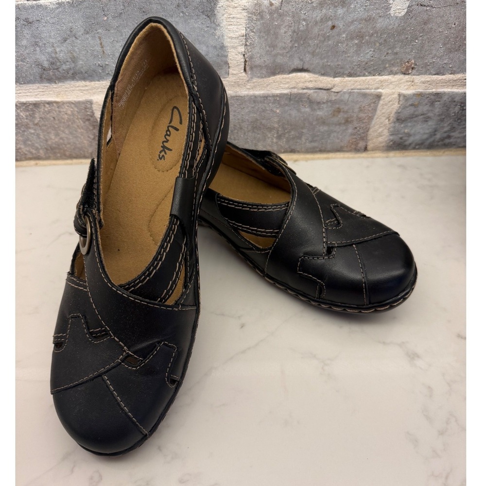 Clarks Black Leather Mary Jane Flats Contrast Stitch Shoes 26069122 Womens 7M